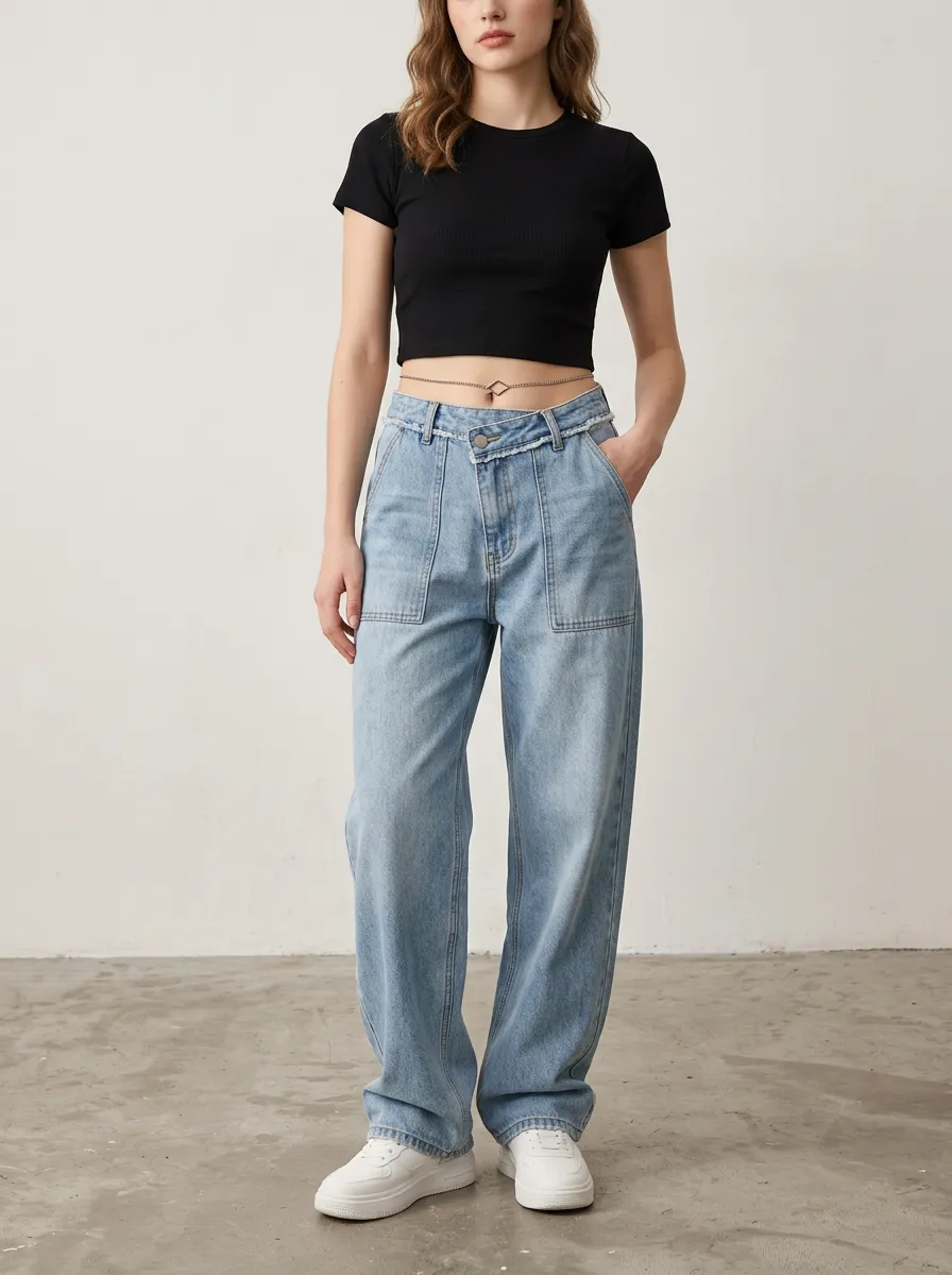 Women's Casual Fashion Asymmetric Waist Wide Leg Denim Pants
