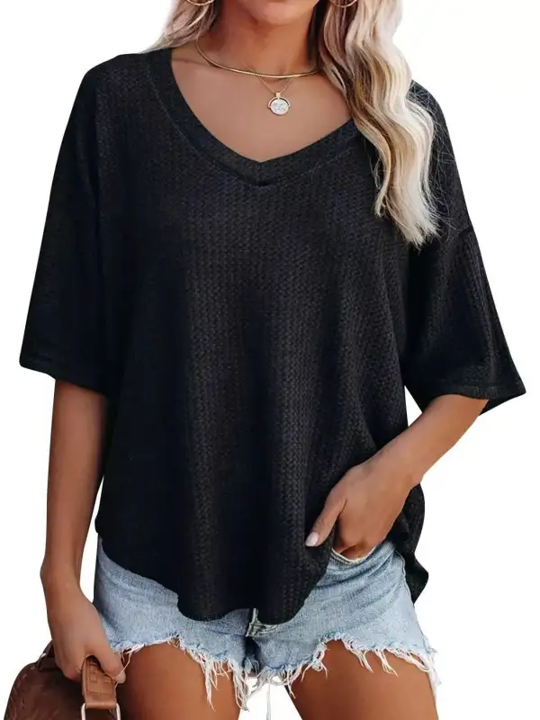 Relaxed V-Neck Short-Sleeve Knit T-Shirt