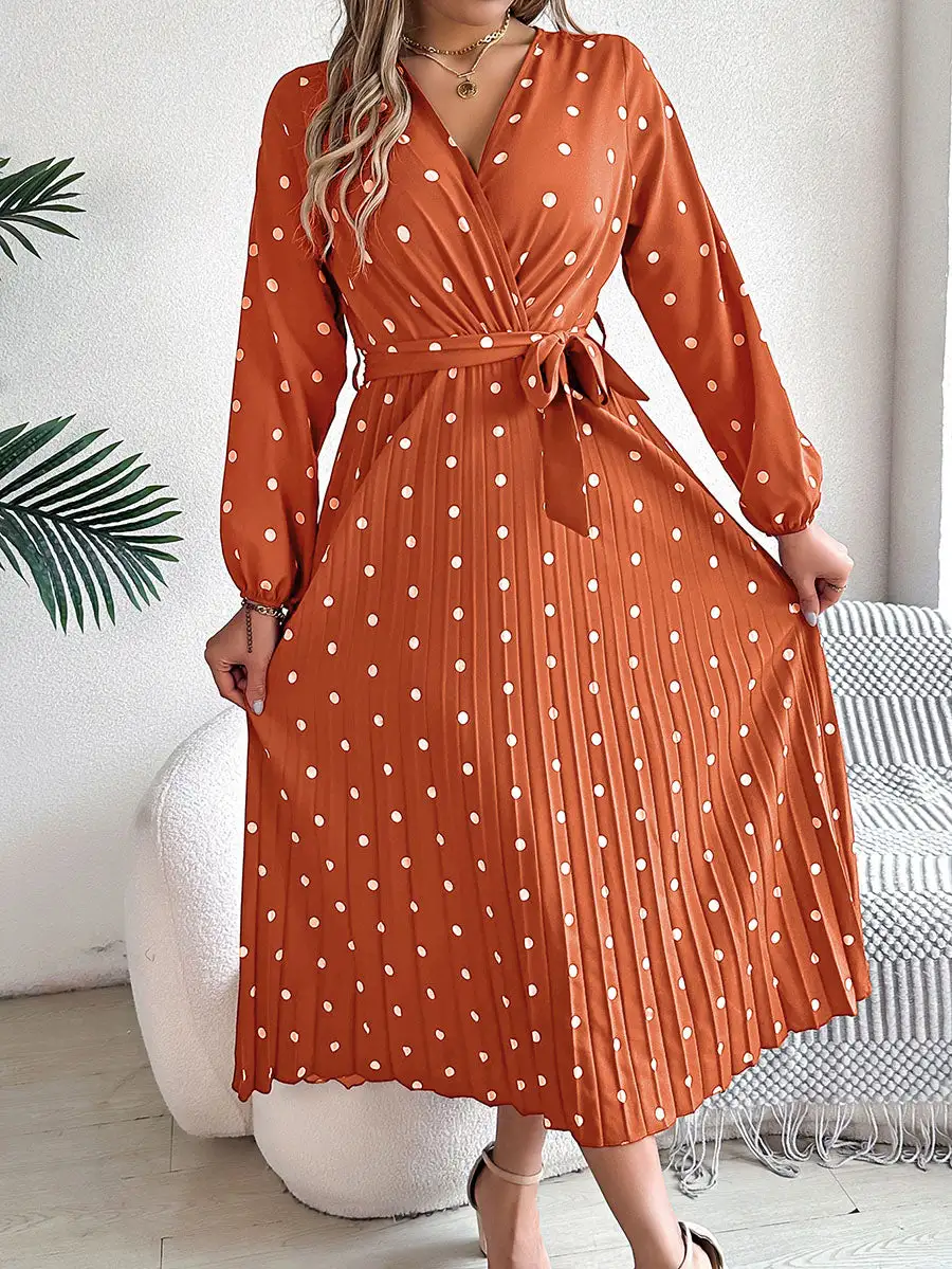 Pleated Polka Dot Long Neck Shirt Maxi