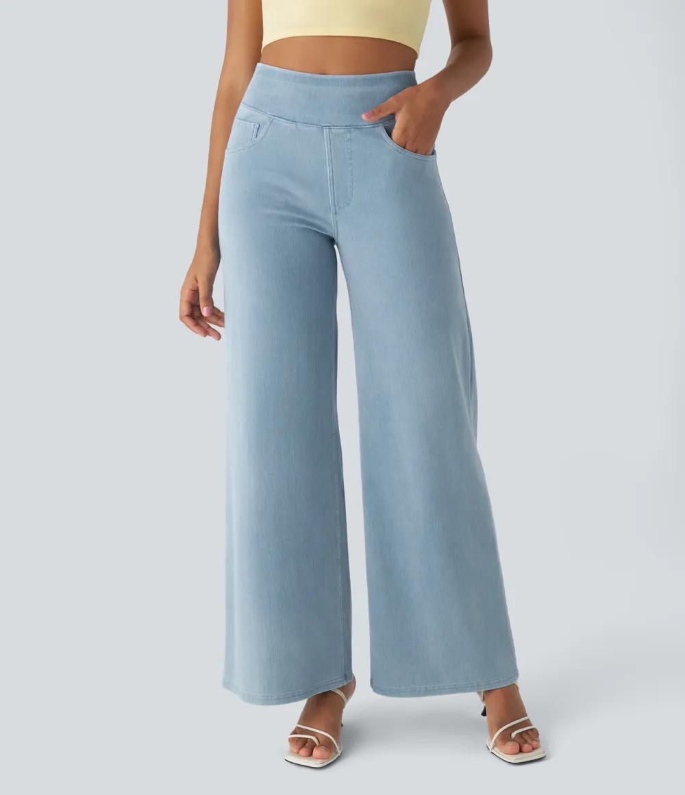 Magic High Waisted Multiple Pockets Wide Leg Loose Stretchy Knit Work Jeans