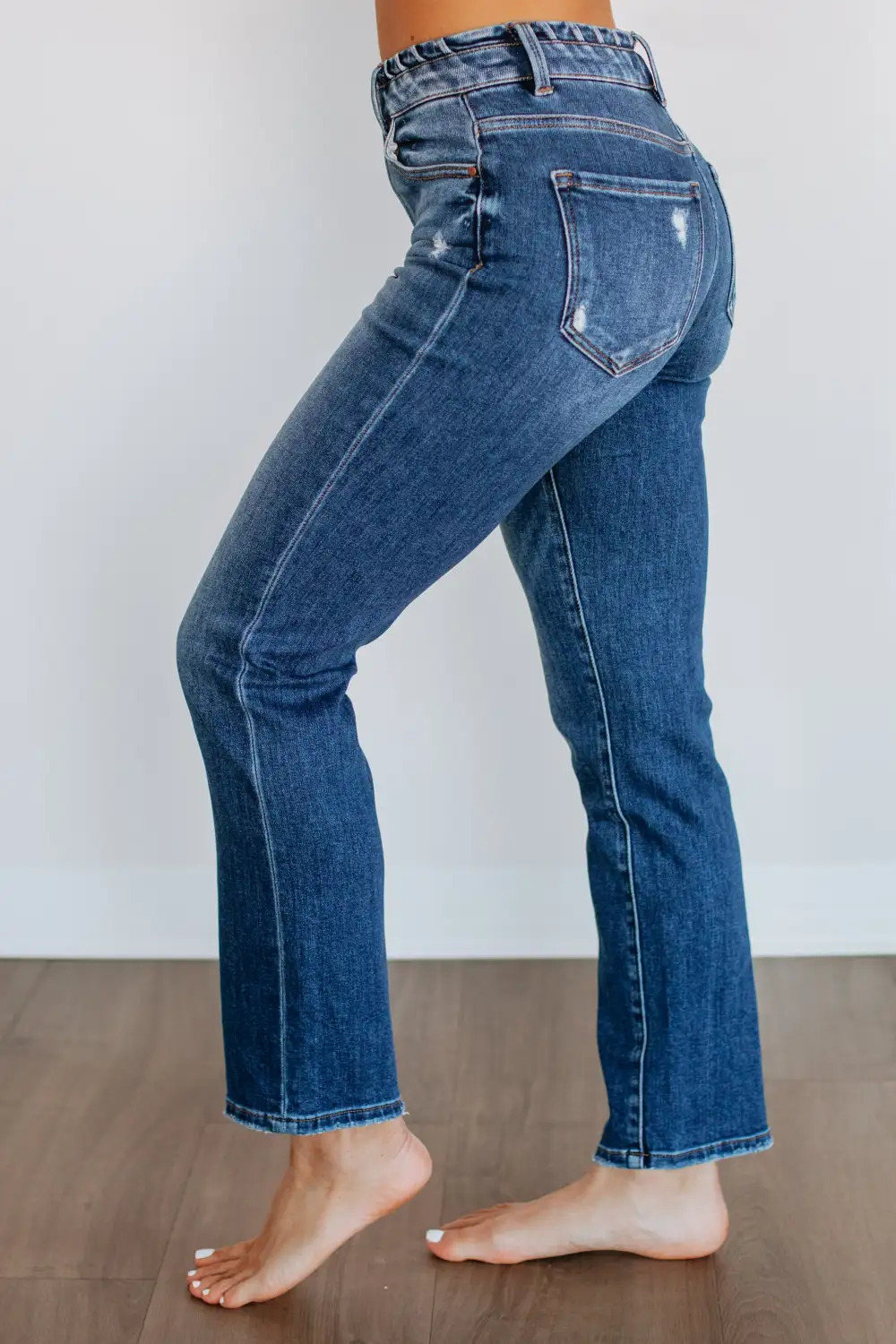 Women's High Rise Straight Leg Fading Whiskering Jeans