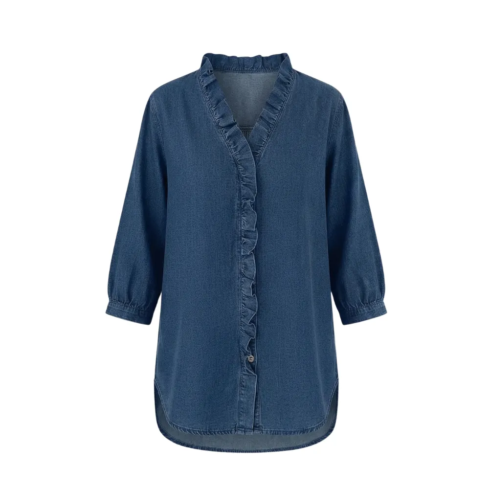Ruffle V Neck Denim Blouse
