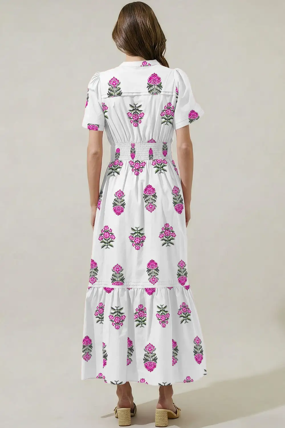 Floral Print Split Neck Shirred High Waist Ruffle Hem
