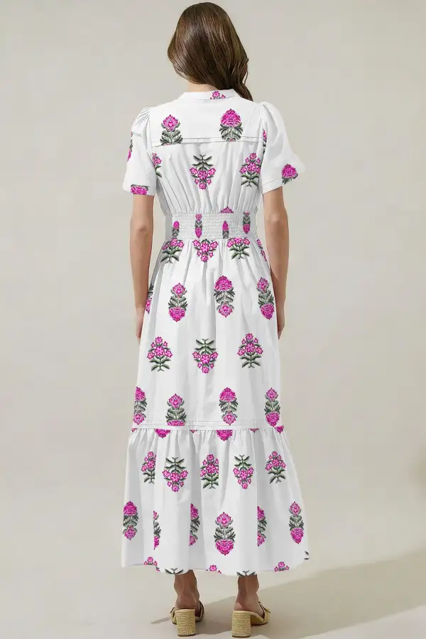 Floral Print Split Neck Shirred High Waist Ruffle Hem