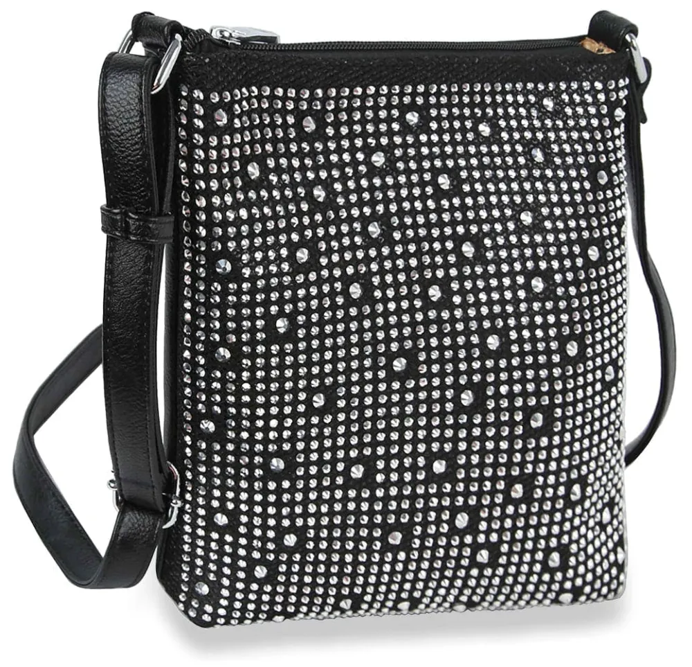 Graceful Detail Crystal Accent Pocketed Faux Leather Crossbody Sling Bag