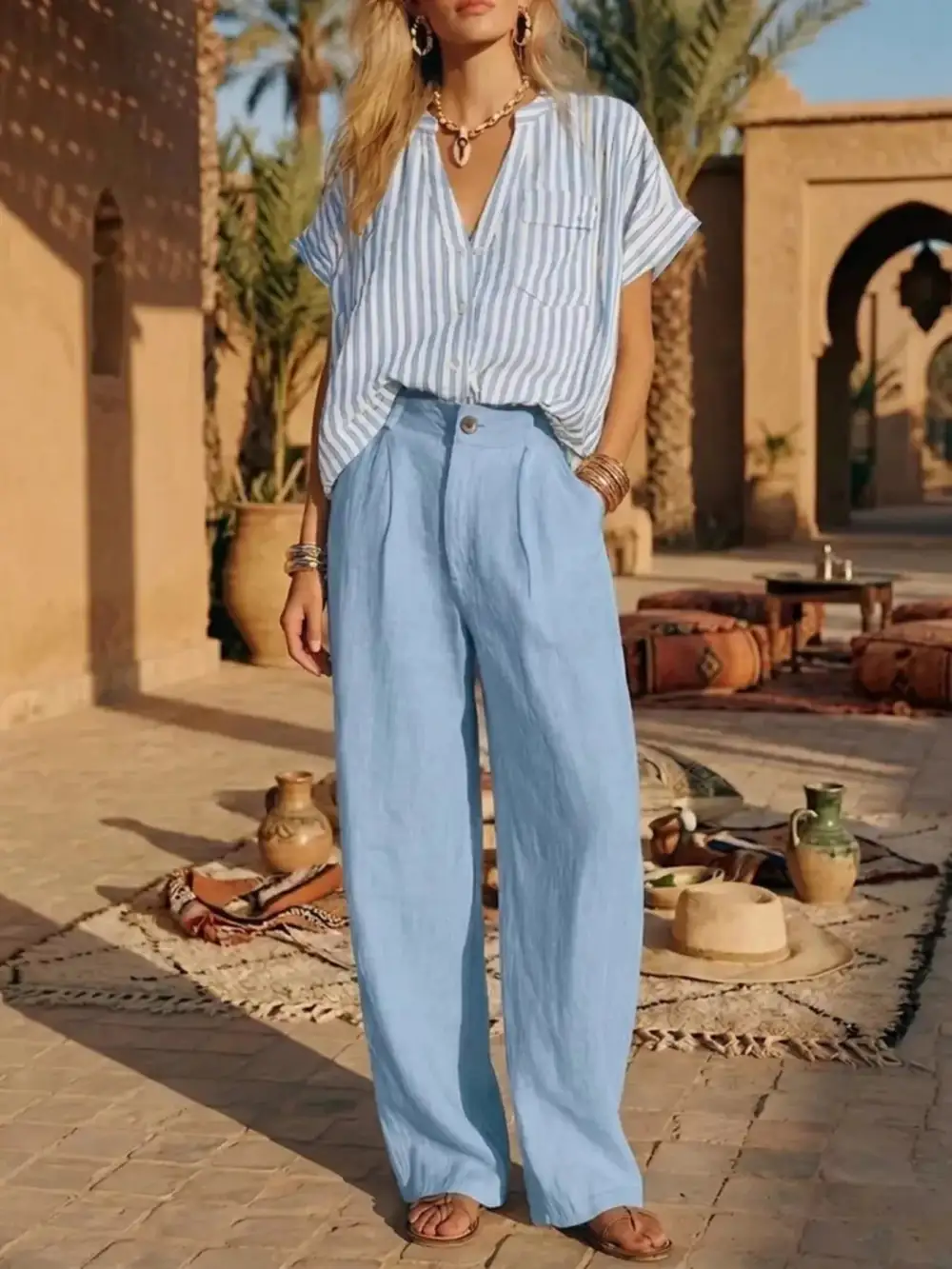 Full Size Striped Button Up Shirt and Pants Set