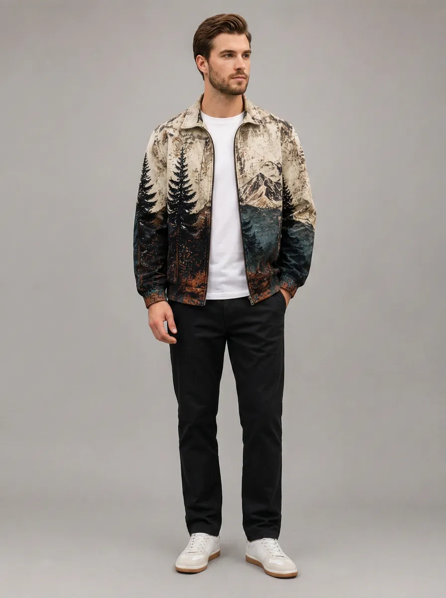 Men's Landscape Print Zip-Up Jacket with Ribbed hemline for a secure fit