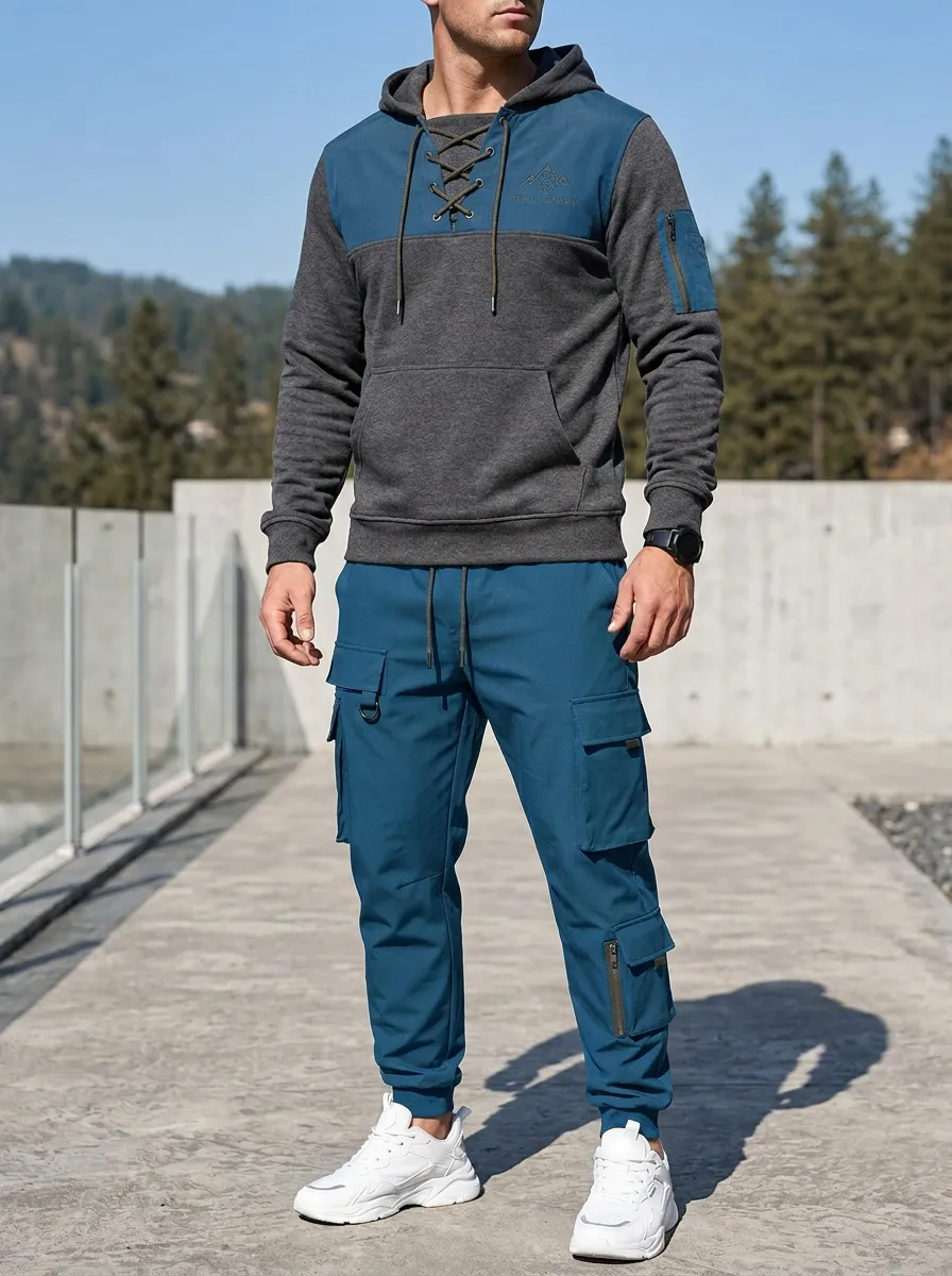Daily Lace-Up Multi Pocket Fit Men's Lace Up Hoodie And Cargo Jogger Set