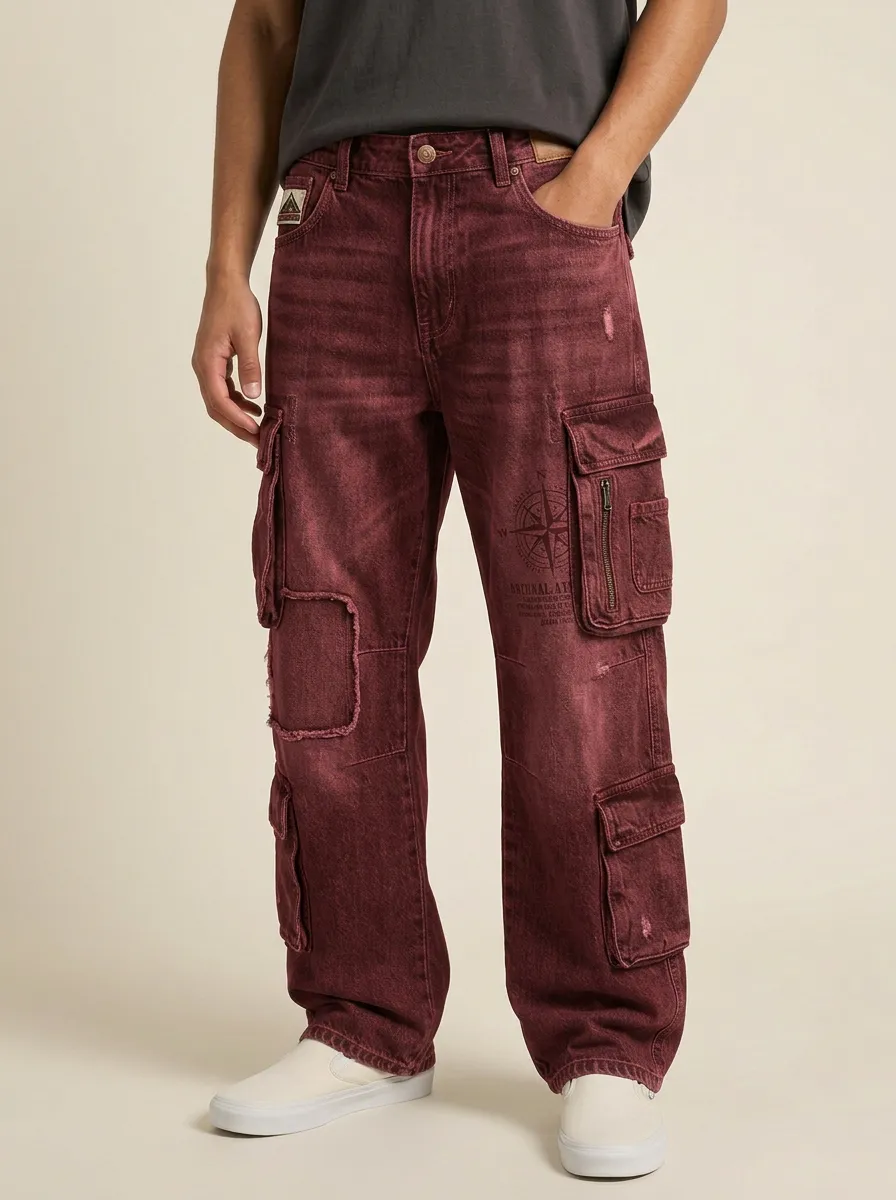 Men's Vintage Compass Graphic Distressed Cargo Pants