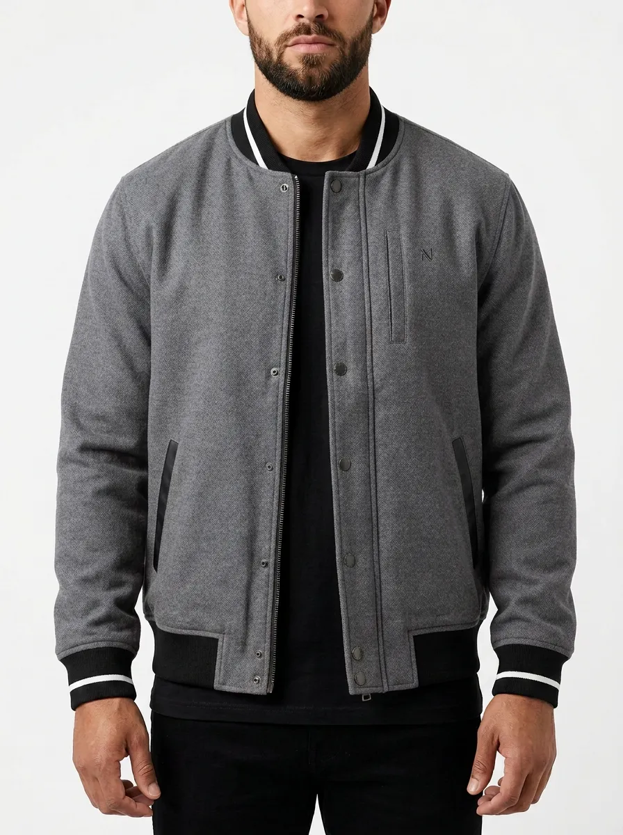 Men's Casual Blue Wool Blend Striped Ribbed Varsity Jacket