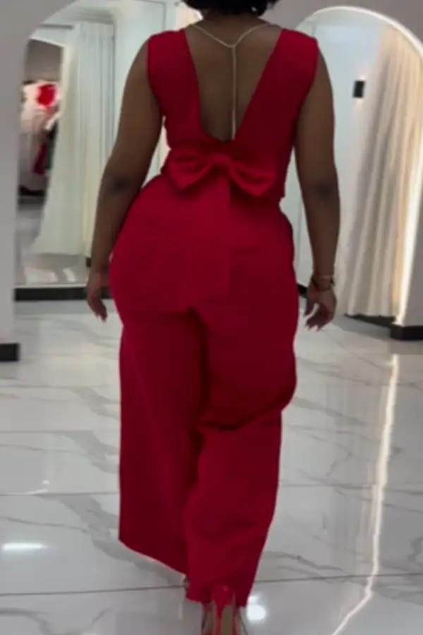Red Wide-Leg Bow-Detail Pant Set