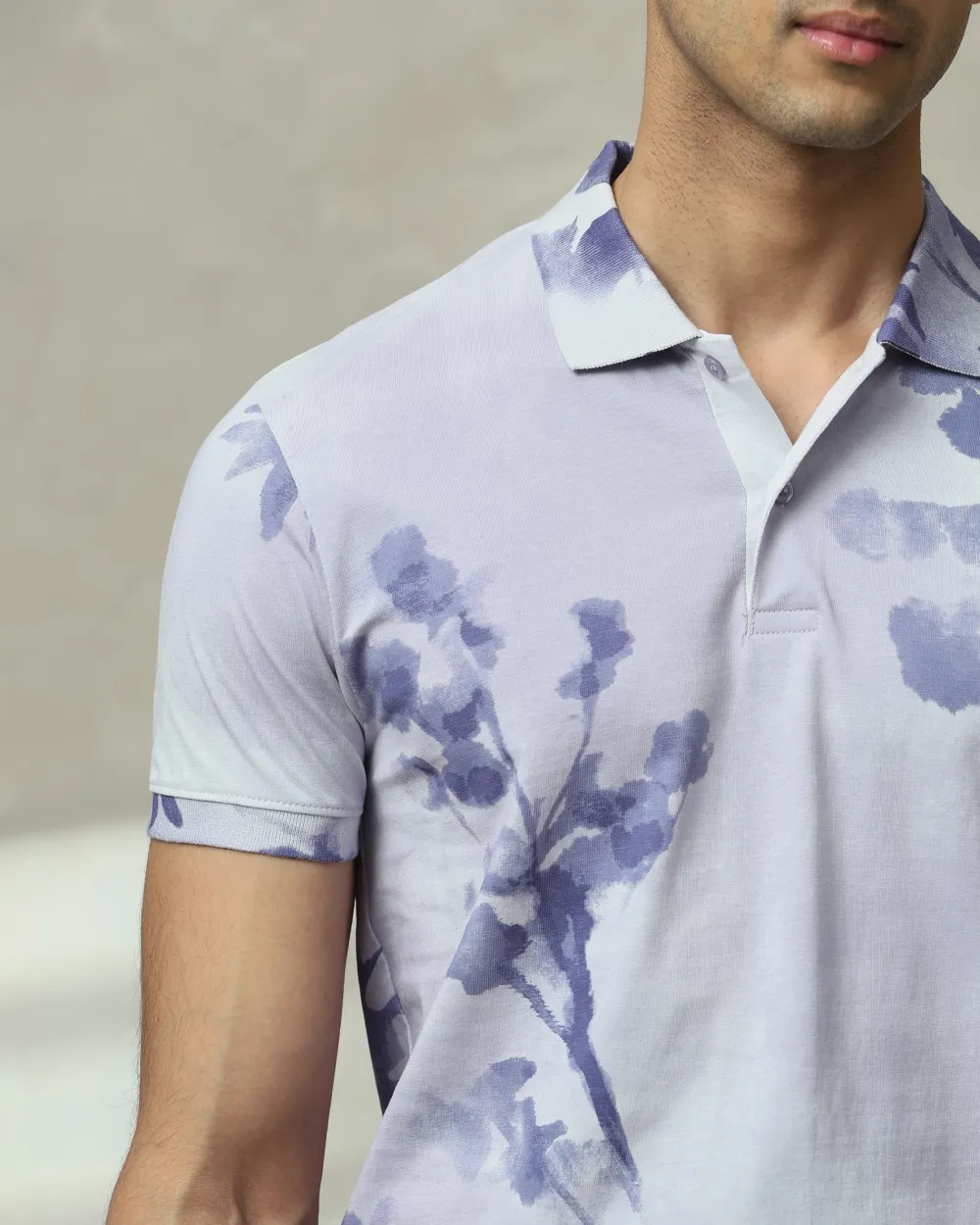 Soft Lilac Floral Print Polo Shirt
