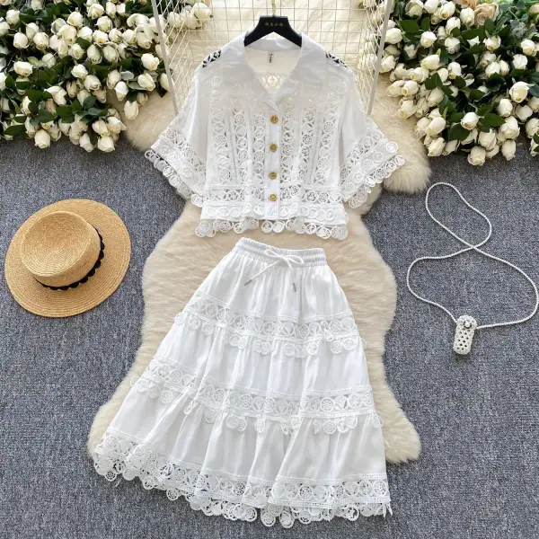Comfort French Court Lace Hollow Out Crochet Short Top High Waist Lace Trim Matching Set