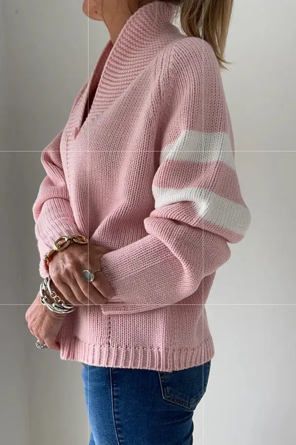 Pink Striped V-Neck Knit Cardigan