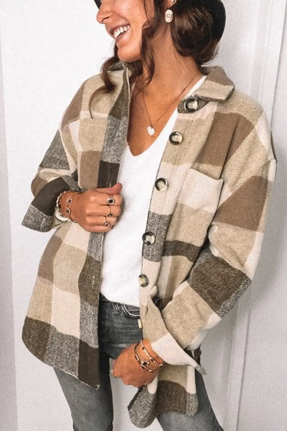 Plaid Block Button Long Sleeve Jacket With