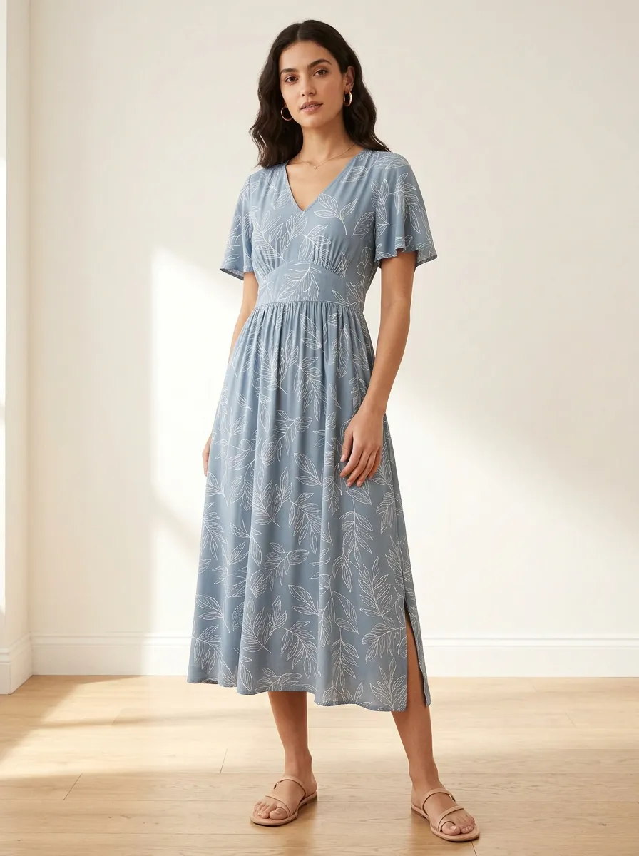 Women's Artful Style Botanical Leaf Print Midi Dress