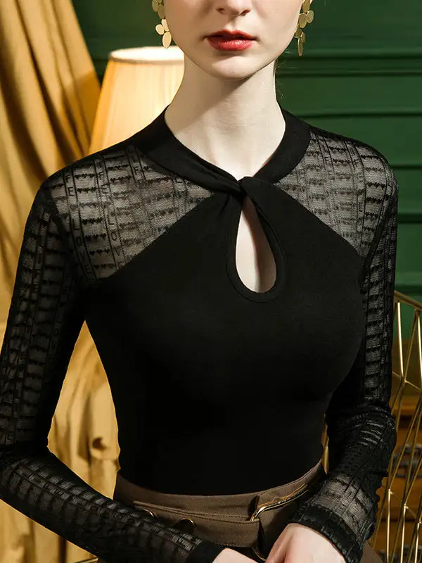 Long Sleeve Curve Fit Cutout Jacquard Panel Detail Round Neck T-Shirt