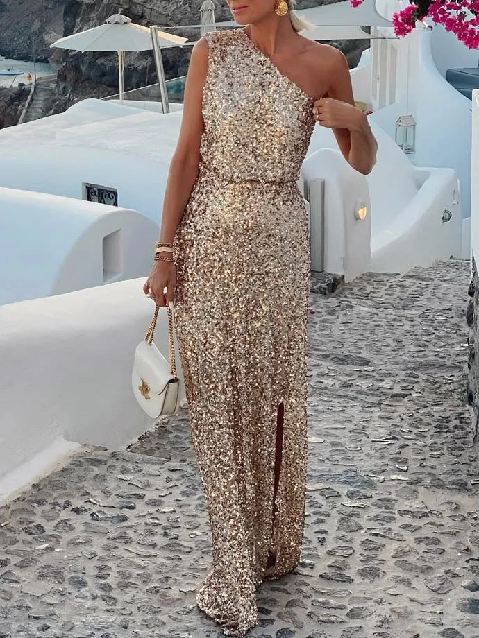 Sequin One Shoulder Slit Maxi Gown