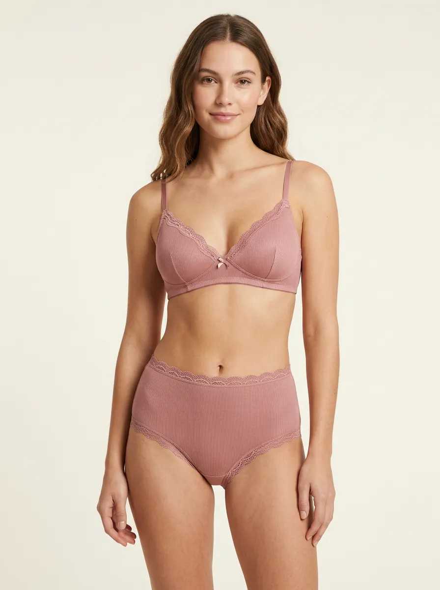 Women's Ribbed Lace Trim Bralette and Panty Set