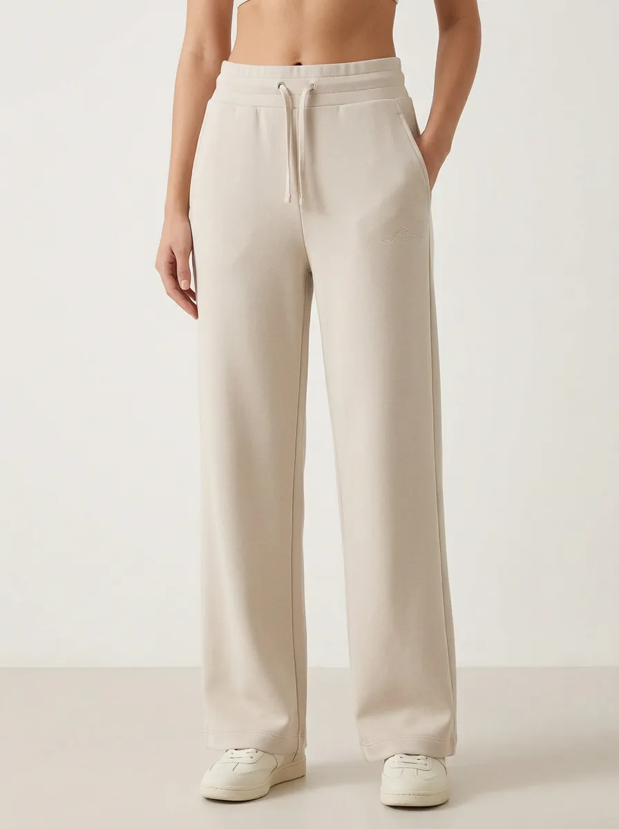 Women's Minimalist Wave Embroidery Solid Beige Printed Sweatpants