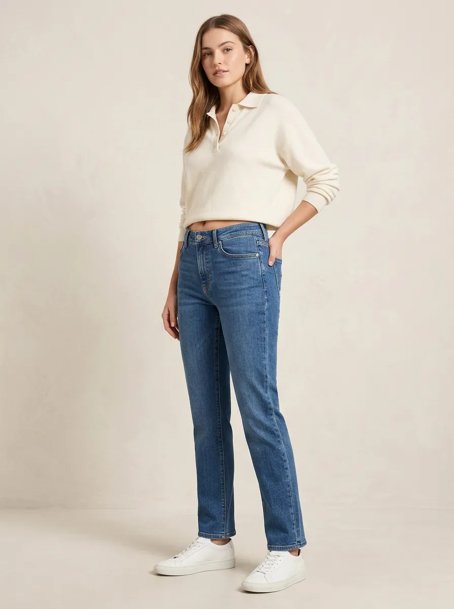 Women's Casual Daily Wear Blue Denim Straight Leg Jeans
