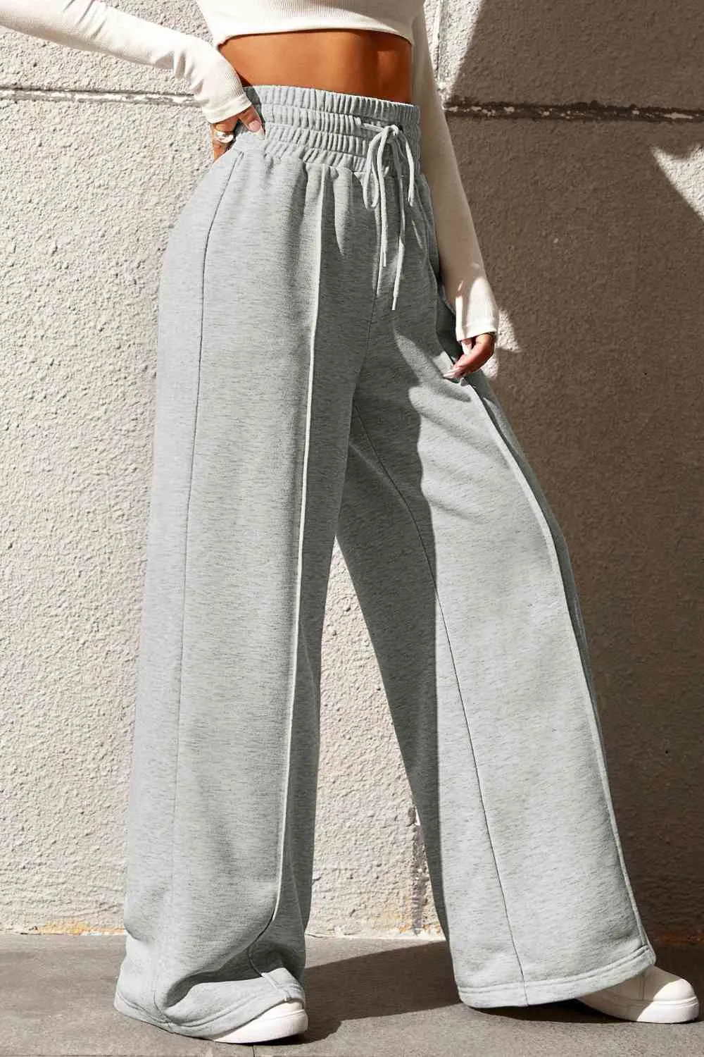 Polished Drawstring Wide Leg Pants With Pocket