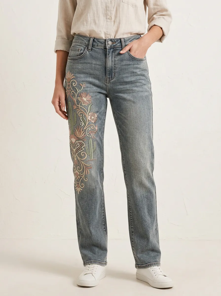 Women's Boho Style Cactus Floral Embroidered Printed Straight Leg Jeans