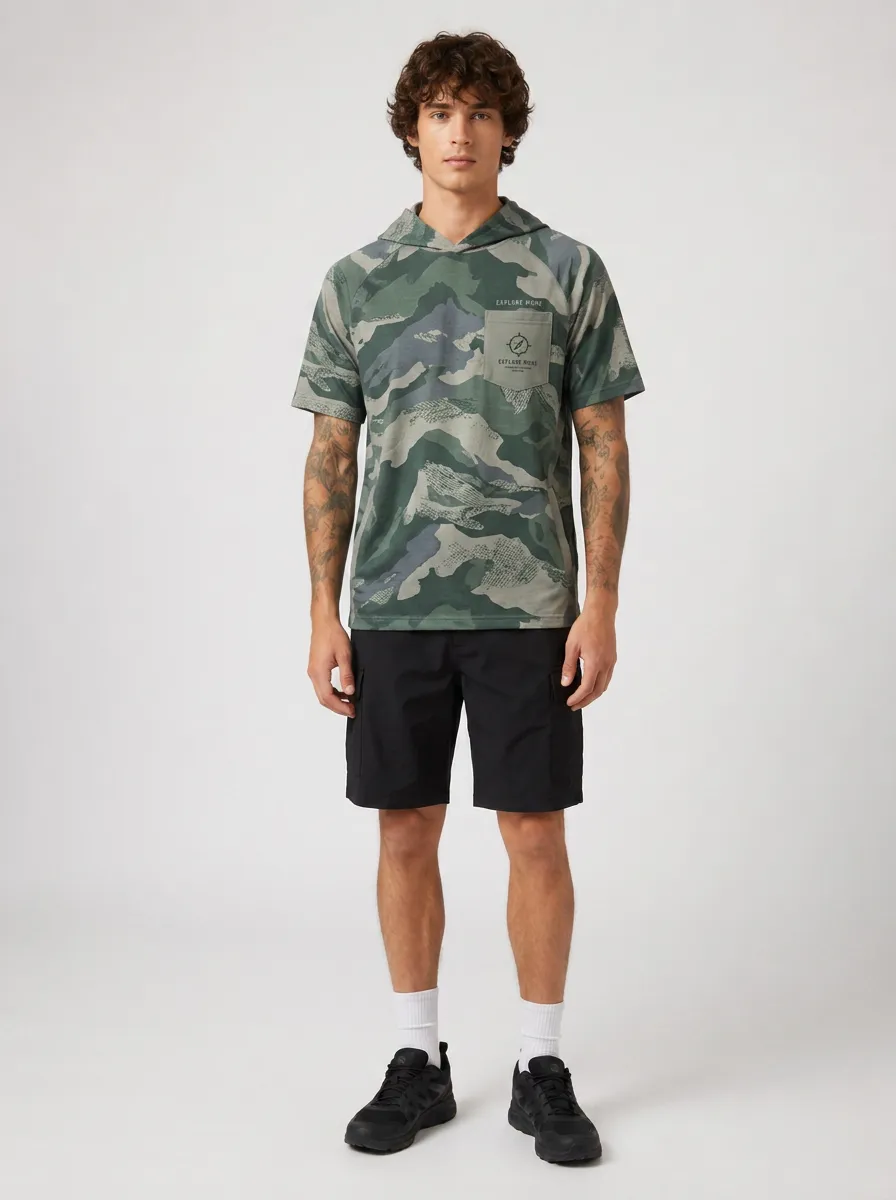 Men's Outdoor Adventure Camo Compass Printed Hooded T-shirt