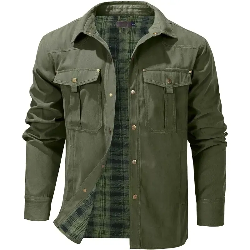 Men's Classic Casual Plaid Flannel-Lined Shirt Jacket – Twill Fabric