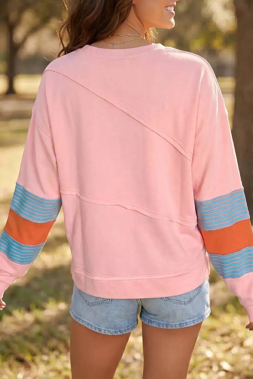 Long Sleeve Round Neck Color Block Blouse