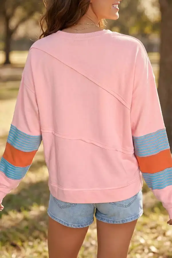 Long Sleeve Round Neck Color Block Blouse