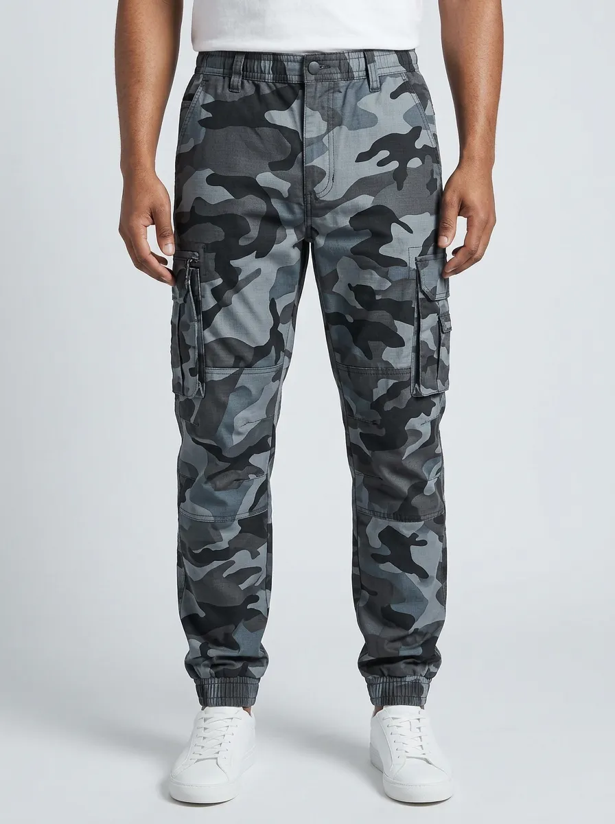 Men's Ribbed-Cuff Camo Reinforced-Knee Cargo Joggers