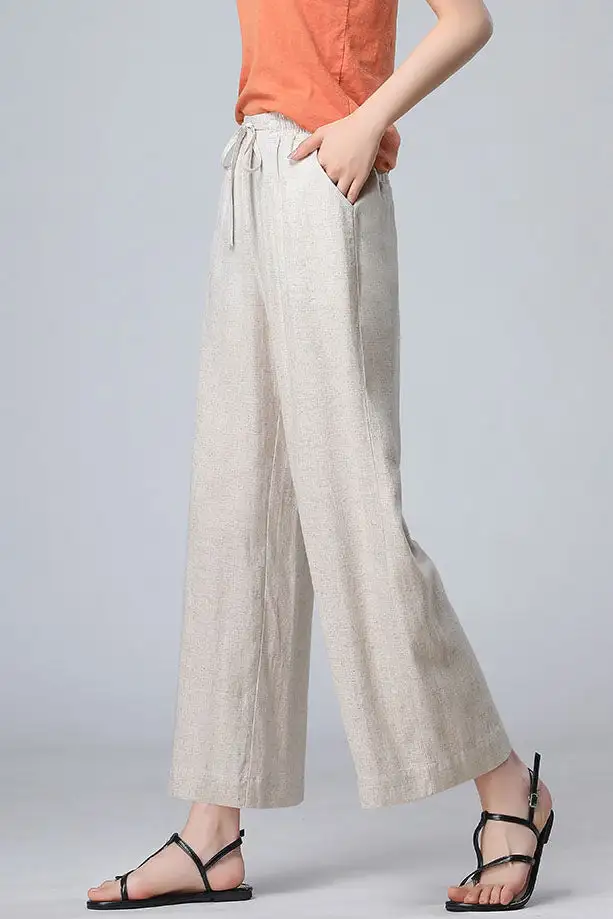 Structured Linen Wide Leg Elastic Waist Pocketed Trousers