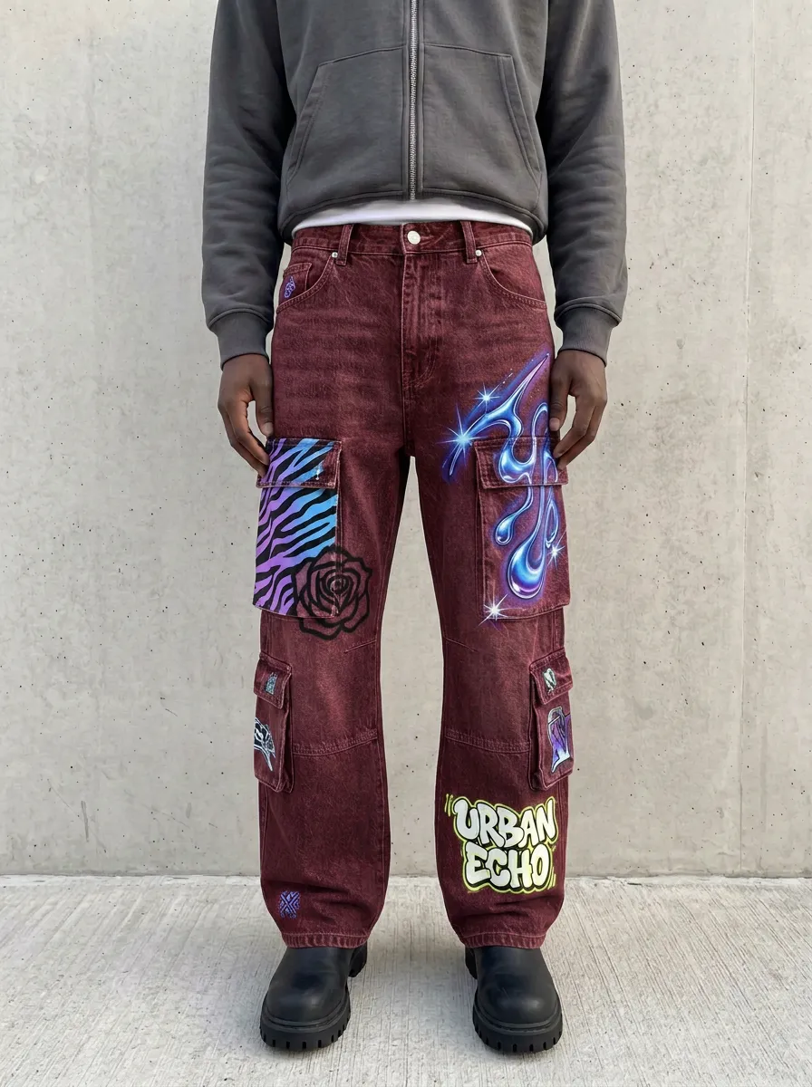 Men's Urban Echo Graffiti Rose Zebra Graphic Cargo Jeans