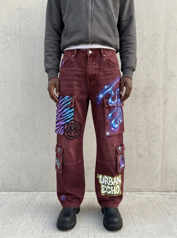 Men's Urban Echo Graffiti Rose Zebra Graphic Cargo Jeans