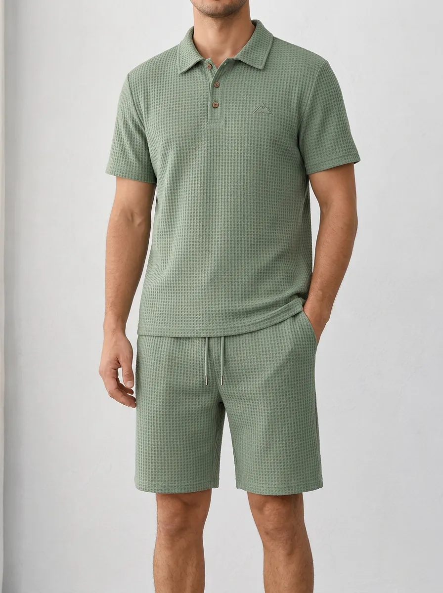 Women's Sage Green Waffle Knit Mountain Logo Polo Shirt