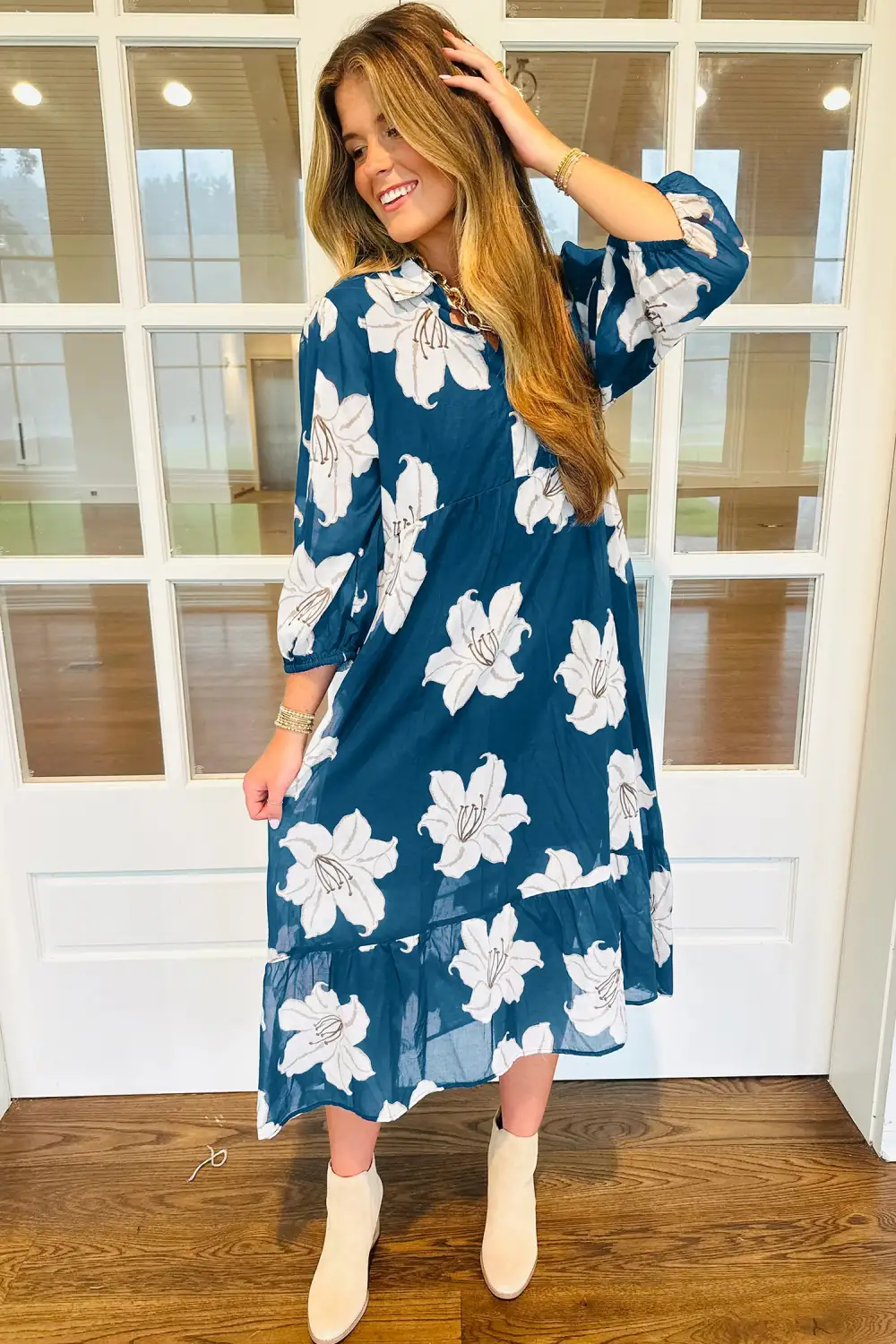 Polished Detail Floral Printed V Neck Midi Dress