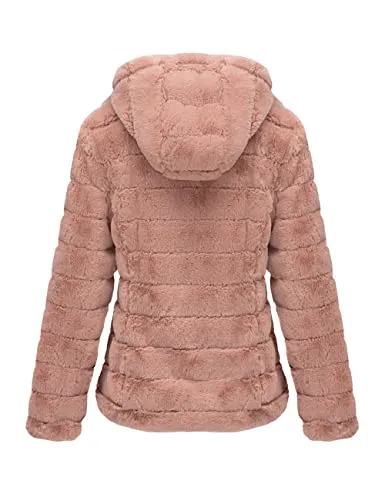 Women's Faux Fur Coat Shearling Fluffy Fuzzy Shaggy Hood Sherpa-Lined Fleece Jacket
