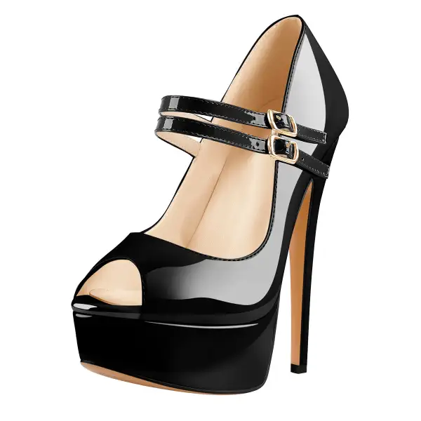 Patent Finish Peep Toe Platform Stiletto Buckle Strap Pumps