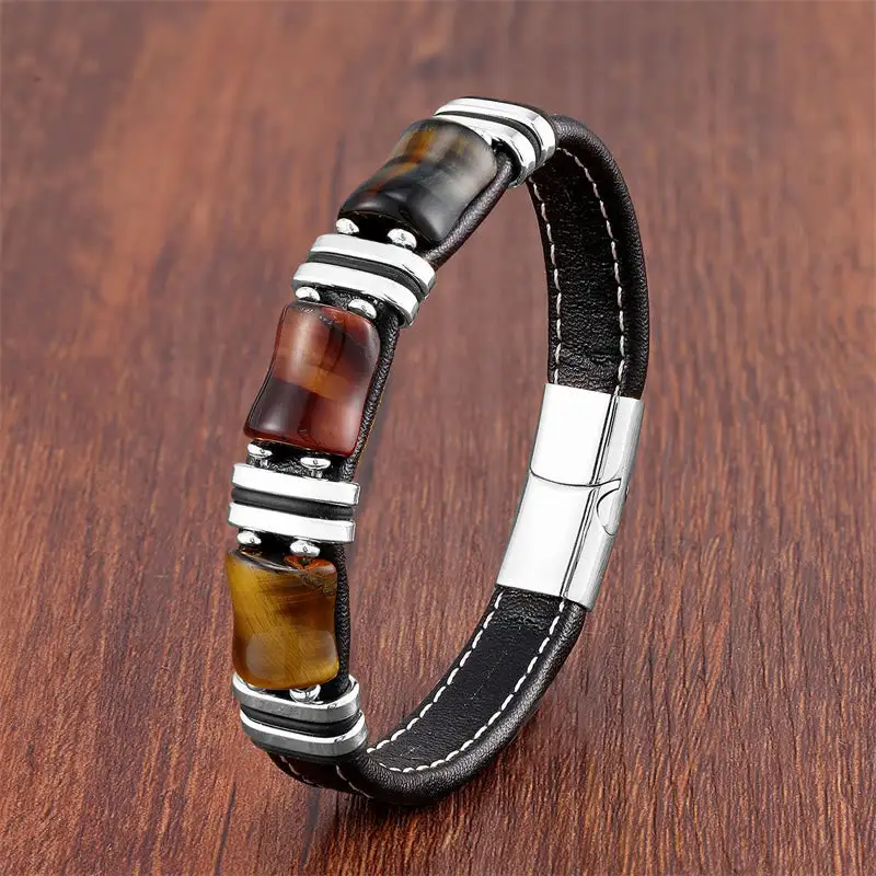 Tiger Eye Bamboo Stone Leather Bracelet