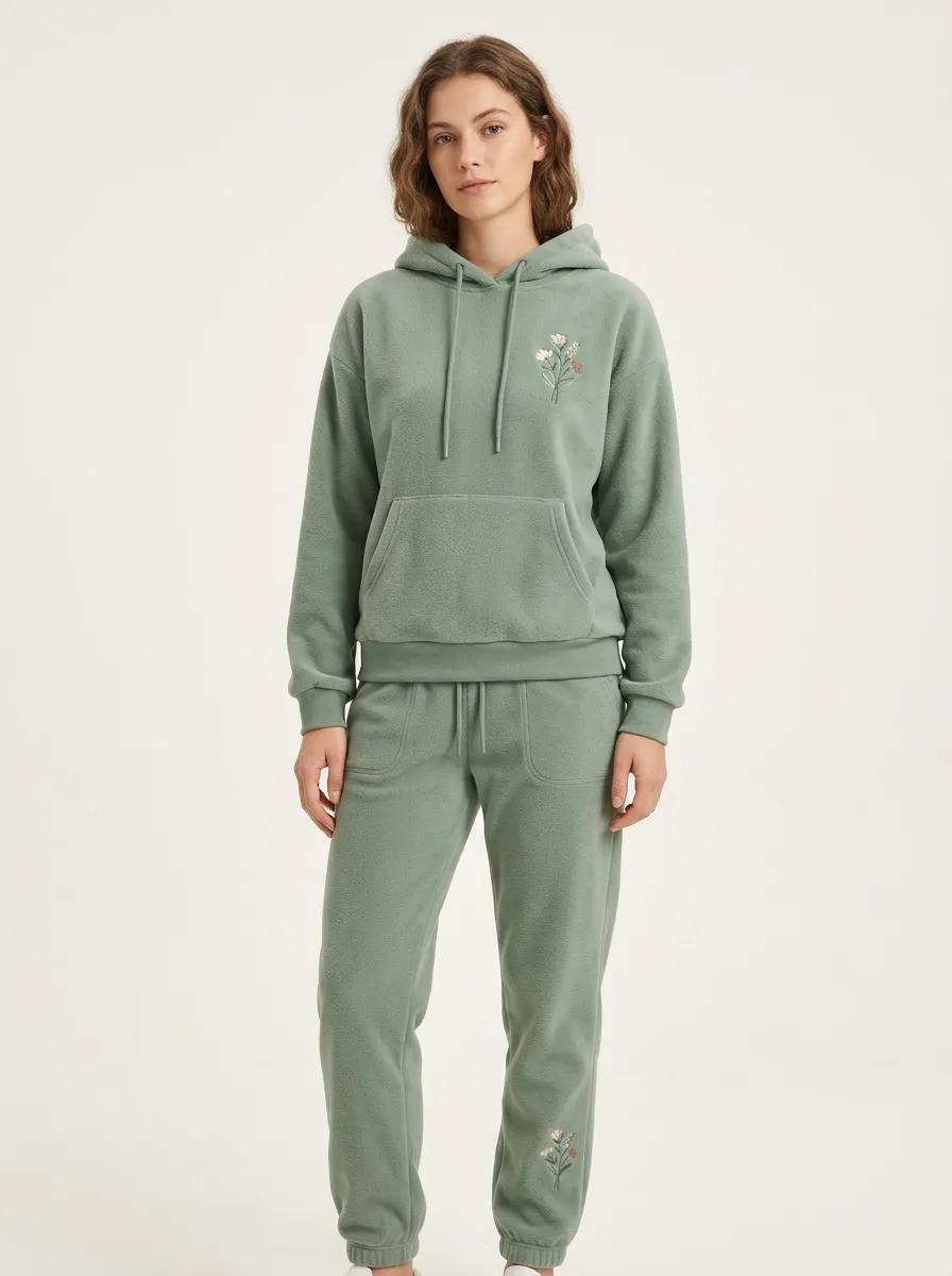 Women's Floral Embroidered Hoodie And Tapered Jogger Fleece Lounge Set