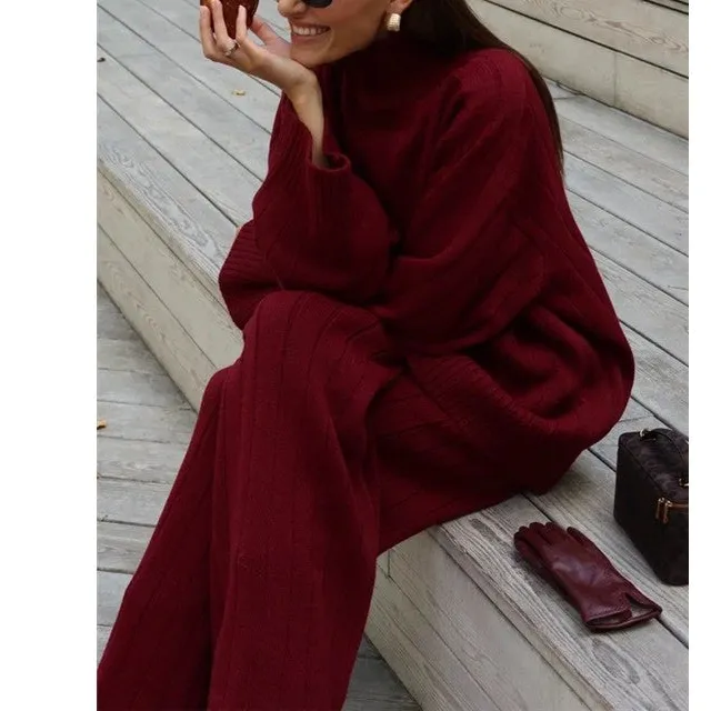 Polished Striped Sweater And Wide Leg Pants Set