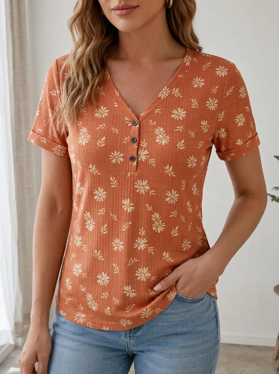 Women's Floral Pattern Rust Printed V-Neck Button T-Shirt