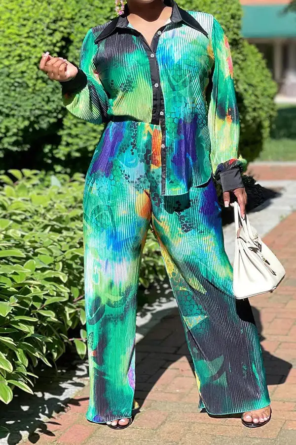 Abstract Print Pleated Collared Pant Set