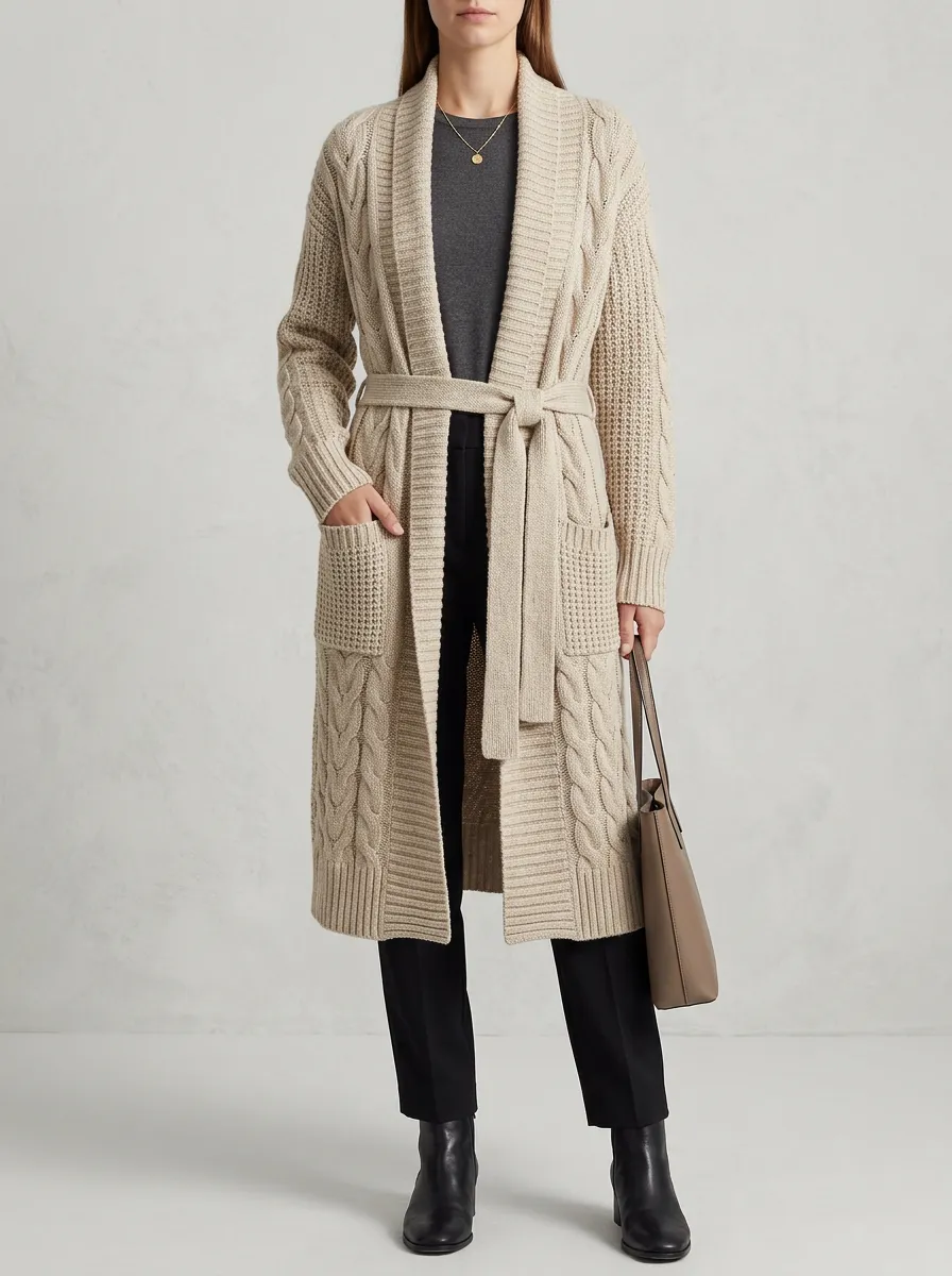 Women's Relaxed Cable Knit Belted Knit Cardigan