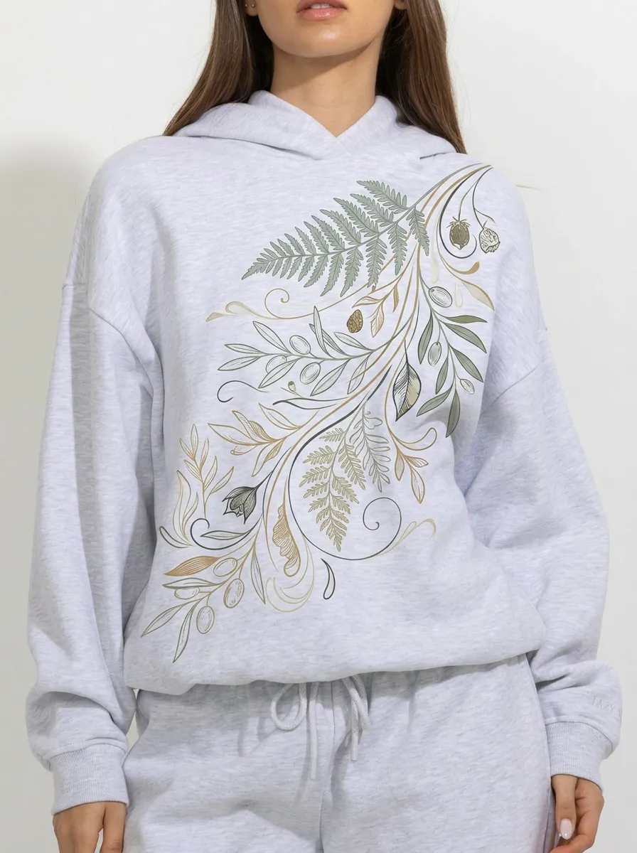 Women's Botanical Fern Olive Branch Printed Hoodie