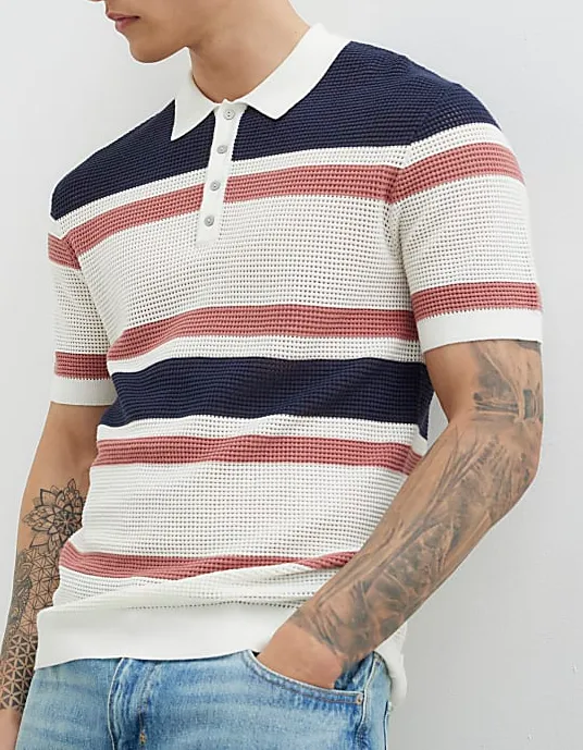 Men's Casual Fashion Multicolor Mesh Stripe Polo Shirt Short Sleeve