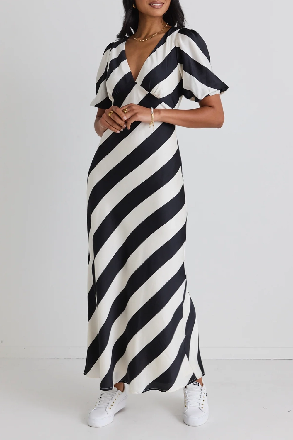 Striped V - Neck Short - Sleeve Maxi Dress