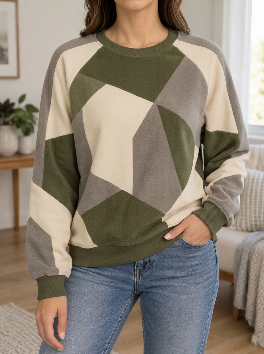 Women's Olive Multi Geometric Colorblock Sweatshirt