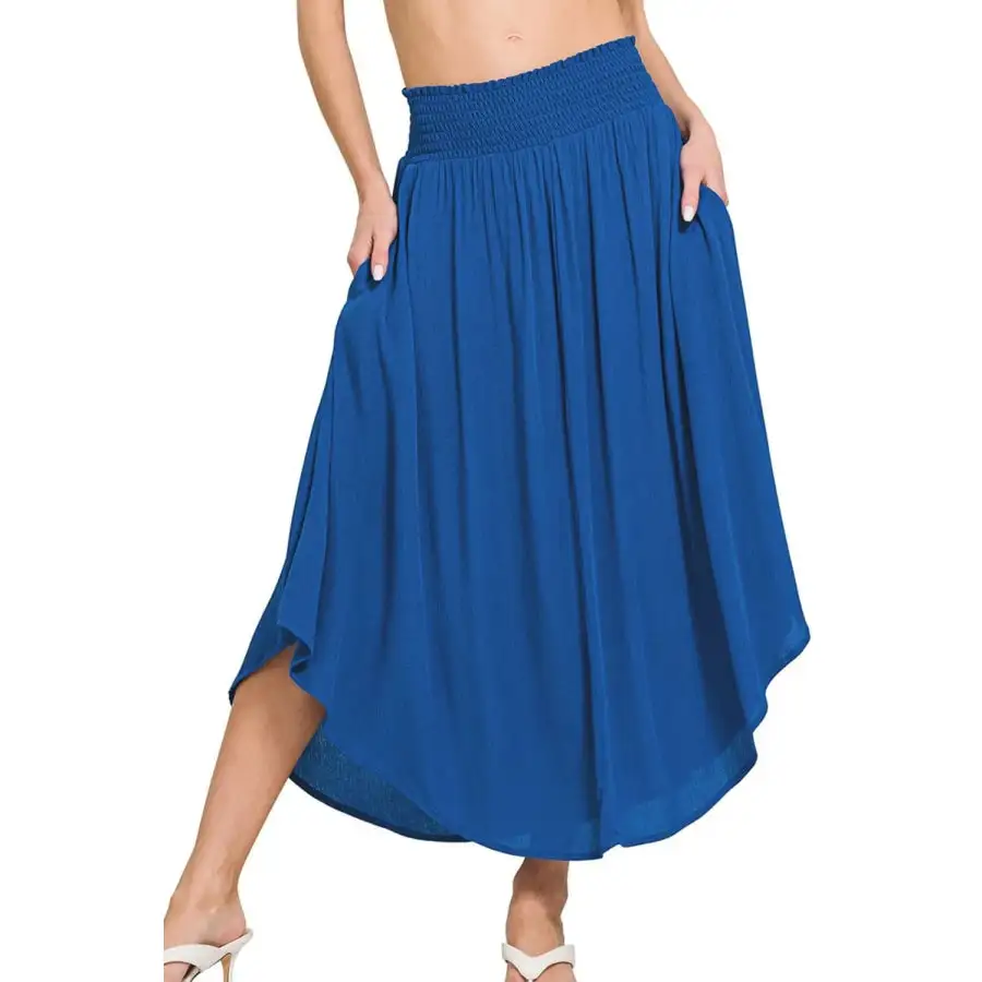 Soft Woven Crinkle Smocked Waist Maxi Skirt W Pockets